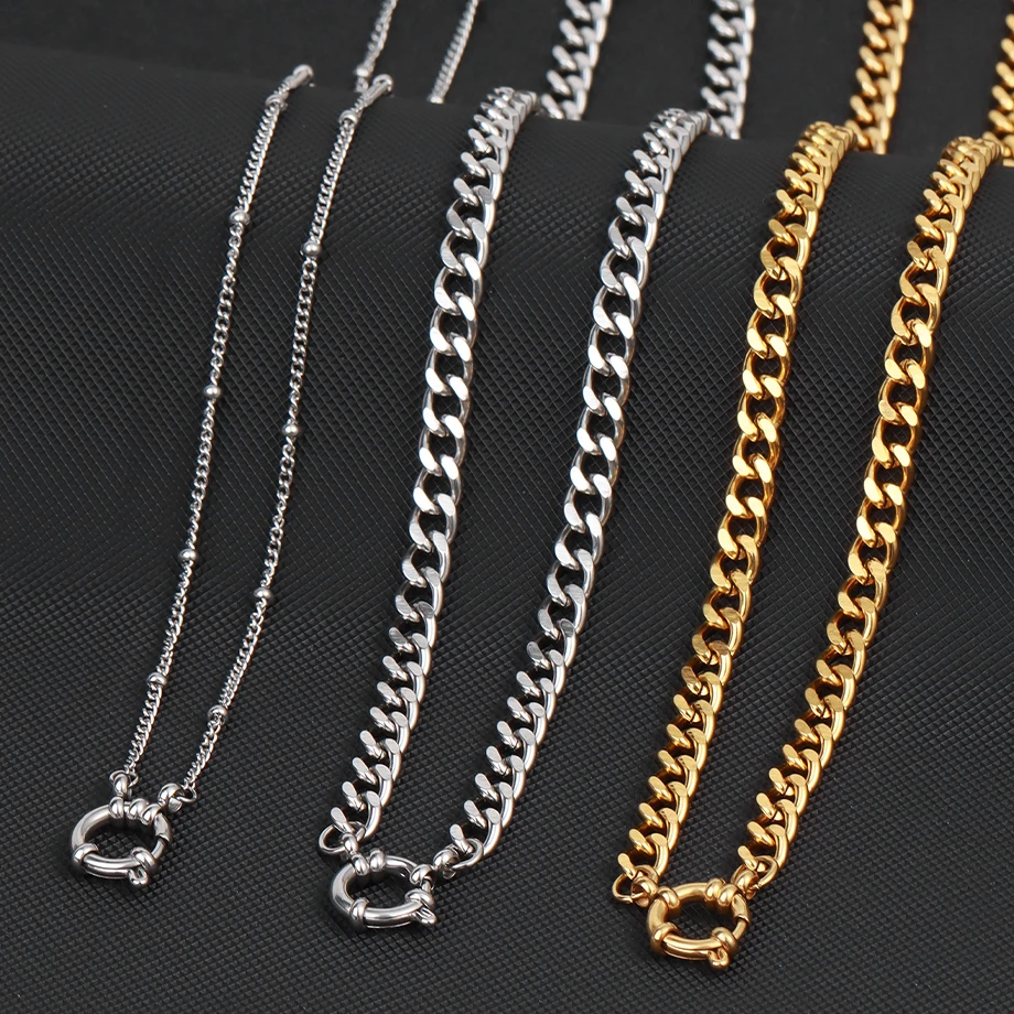 1 pc Anchor Clasp Stainless Steel Necklace for Men Women Cuban Link Chain Choker Openable Gold Color Necklaces Jewelry Gift T102