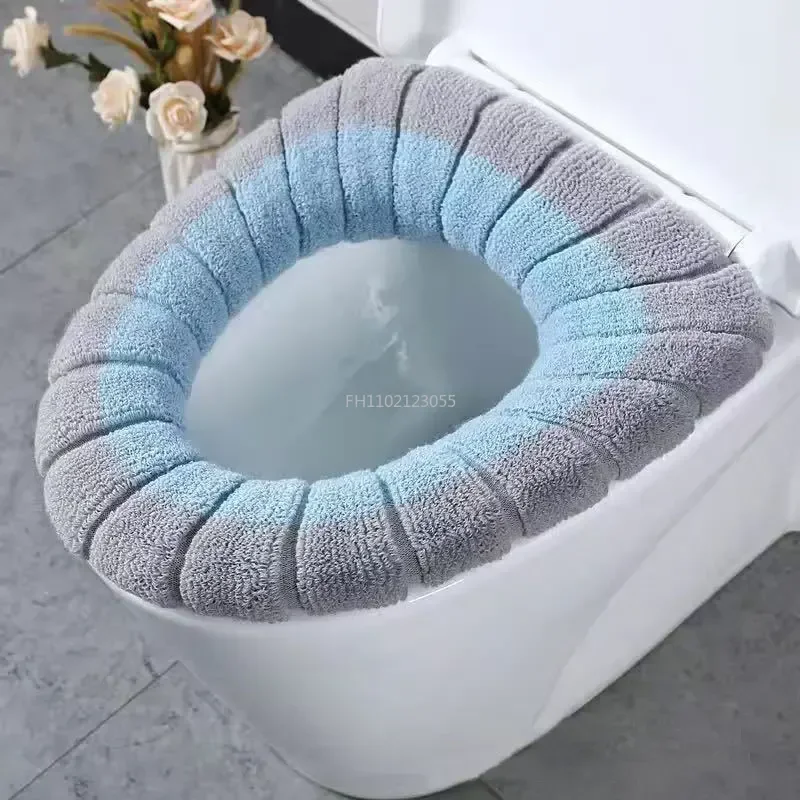 Winter Warm Toilet Seat Cover Washable Bathroom Toilet Pad Cushion With Handle Thicker Soft Mat Knitting Warmer Closestool Mat