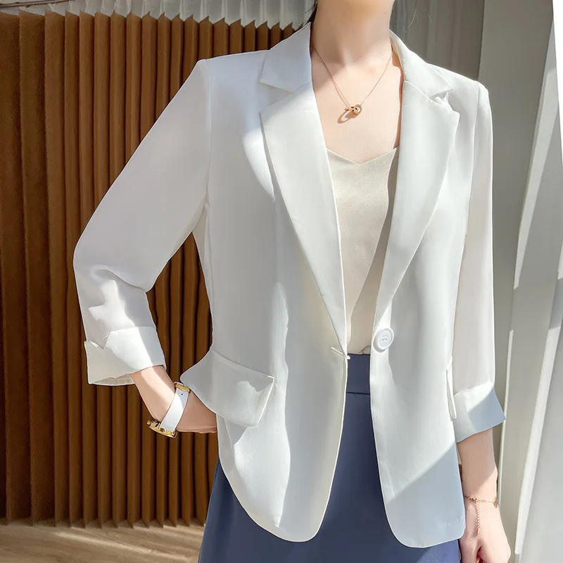 

Chiffon satin small suit thin jacket for women's summer temperament casual white suit Korean version short top