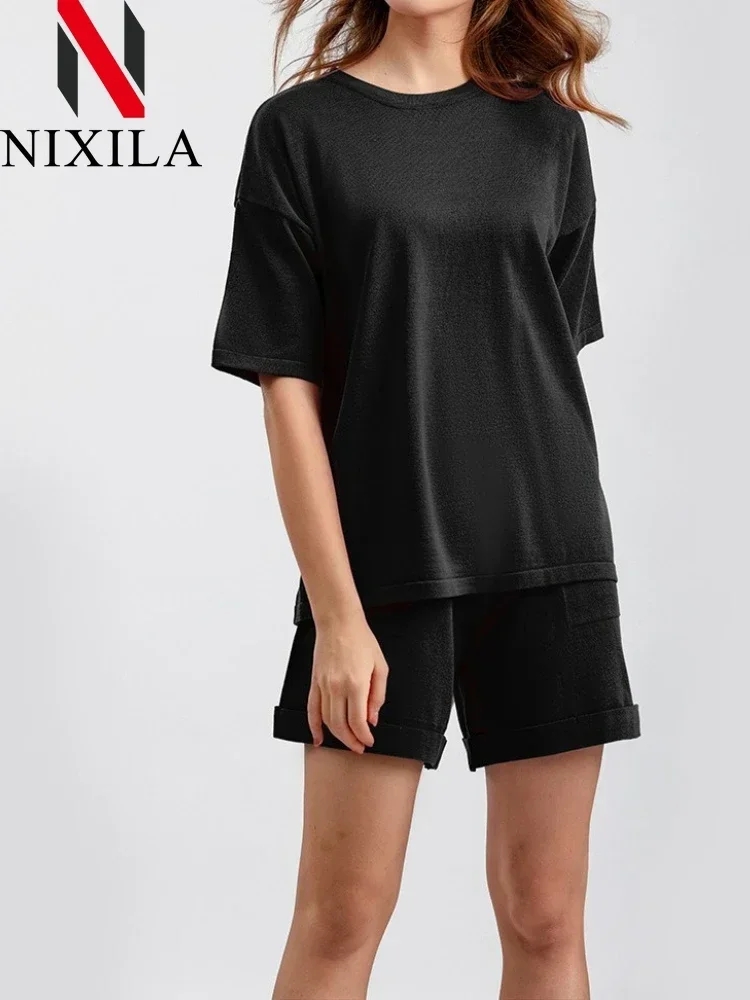 

Новый летний однотонный универсальный комплект: футболка с круглым вырезом и коротким рукавом, шорты, свободный крой, повседневный комплект из двух предметов, женская одежда