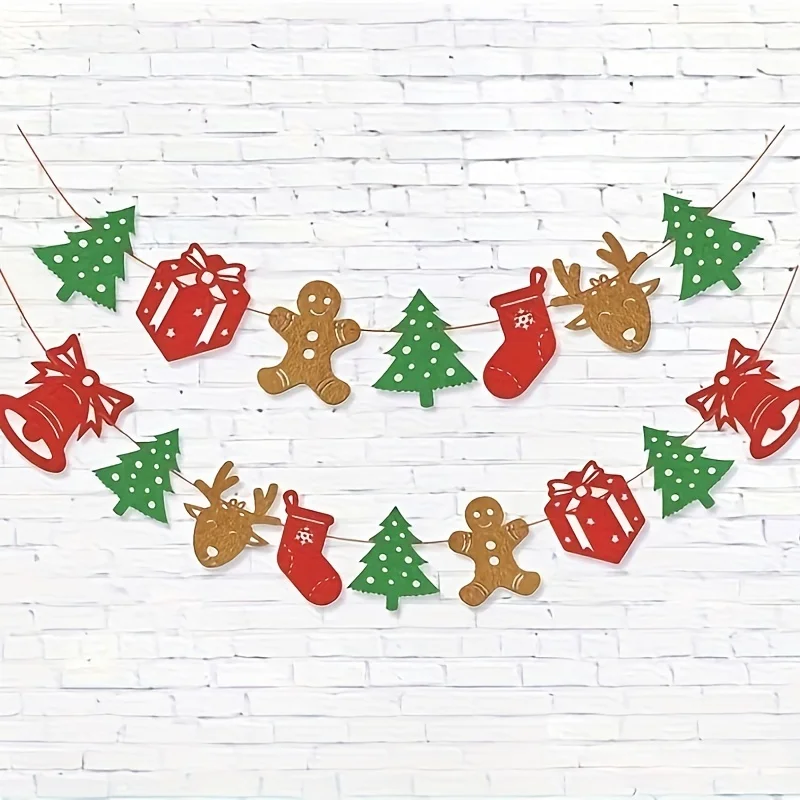 Christmas Felt Banner Gingerbread Man Tree Gift Sock Bell Reindeer Garland Xmas Party Wall Decor