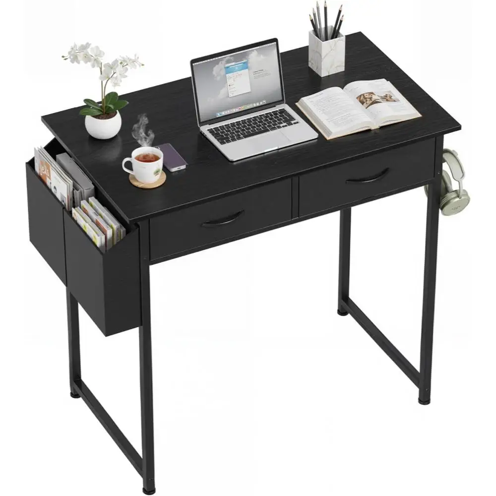 

Small Desk with Fabric Drawers for Home Office, 32 Inch Gaming Computer Desk with Side Bag, Headphone Hook Writing Study