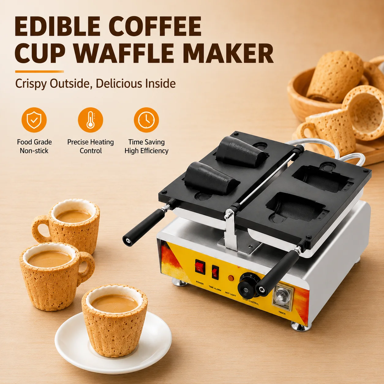 Customized Mold Pattern Electric Cake Coffee Cup Waffle Machine with Temperature Control Commercial Coffee Cup Waffle Maker