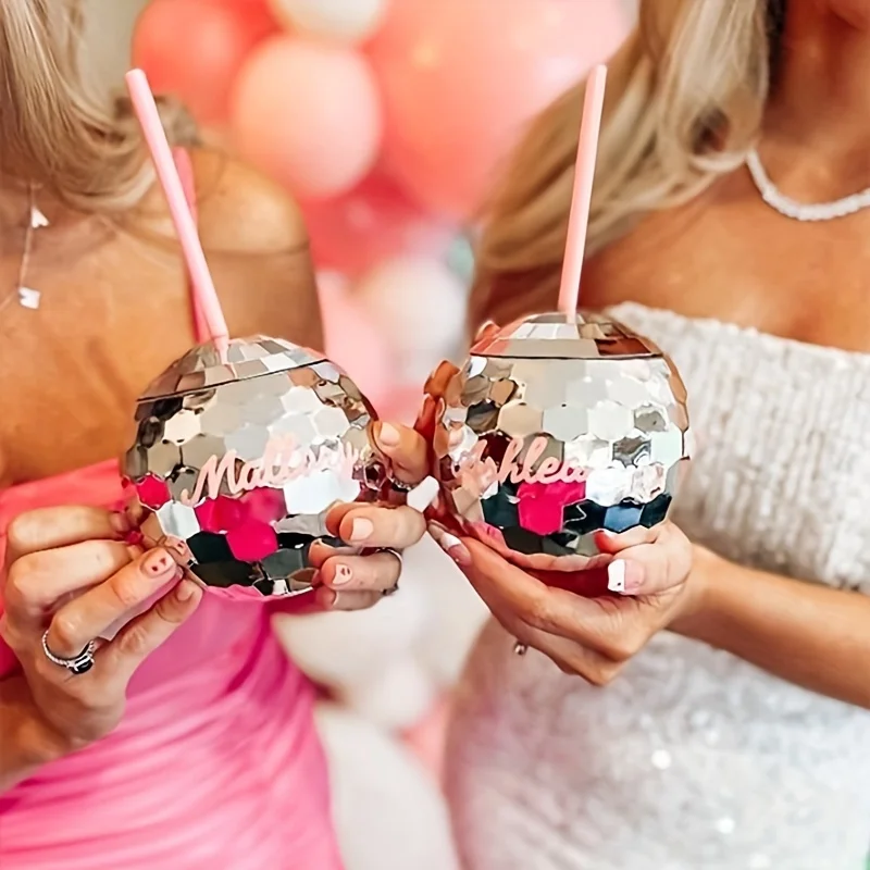 Creative Disco Ball Cups Flash Cocktail Cup with Straw Reflection Color Mirror Ball Straw Wine Glass Disco Ball Water Bottles