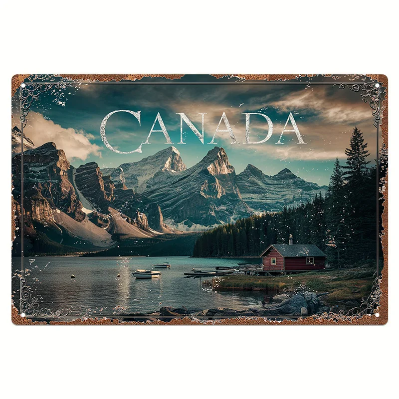 Vintage Canada Scenic Aluminum Sign - Rustic Metal Wall Art with Majestic Mountains, Lake, and Red House, Perfect for Home, Gar