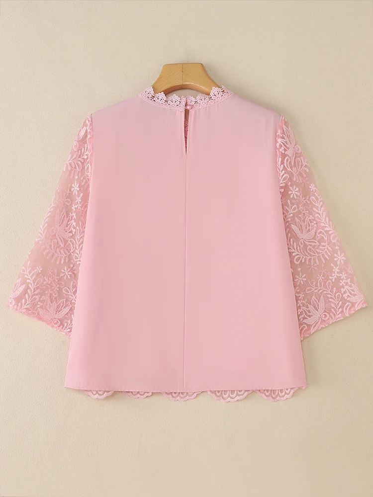 Zanzea outono blusa moda elegante férias rendas crochê camisas femininas o pescoço manga curta bordado topos casual trabalho blusas