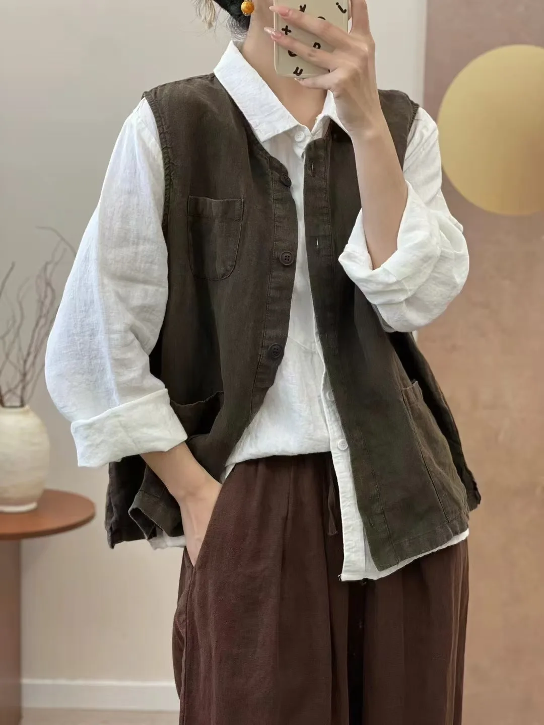 Autumn 2024 New Pure Linen Loose Women's Jaet Svel Outerwear Retro Artistic Sle Slimming Ladies Vest Top