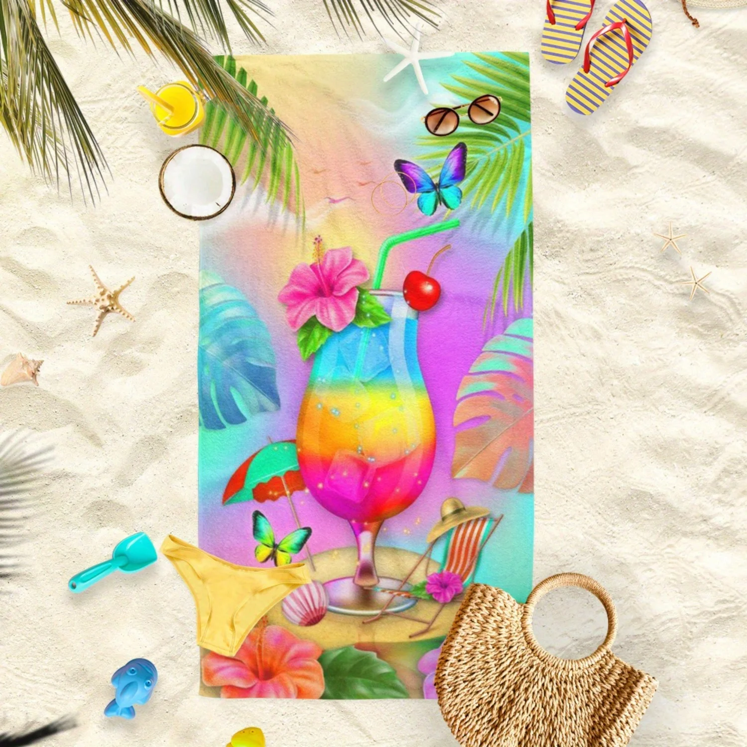 

1 шт. пляжное полотенце с микробре, красочное тропическое пляжное полотенце, стильное и впитывающее лето, большое быстросохнущее полотенце для рук