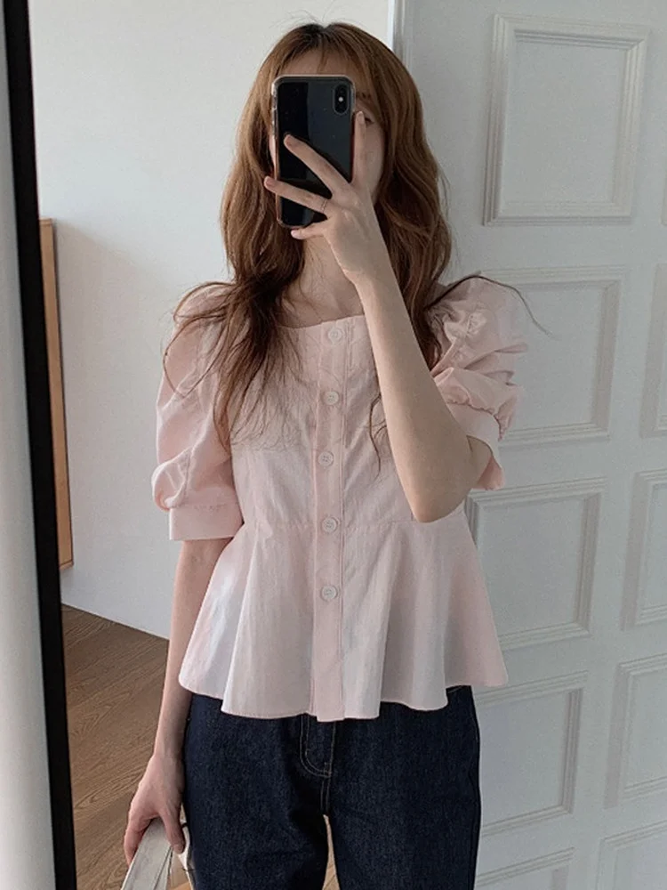 Woherb 2024 Women Summer Puff Sleeve Shirts Elegant Square Neck Casual Tops Korean Vintage Ruffled Single Breasted Slim Blouses