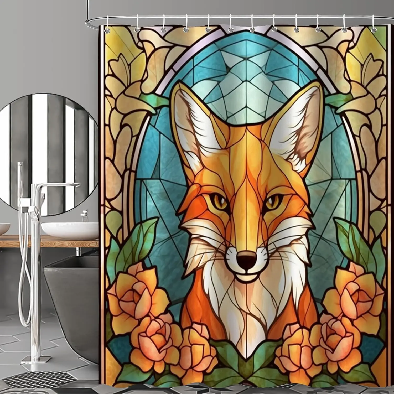 

Fox Shower Curtain for Bathroom, Leaves Glass Art Shower Set, Cute Animals Abstract Fabric Modern Waterproof Bathroom Decor