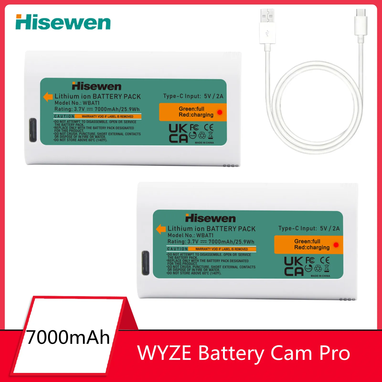 

7000mAh Battery for Cam Pro and Duo Cam Doorbell WYZE Battery Cam Pro Camera USB-C Charging Battery