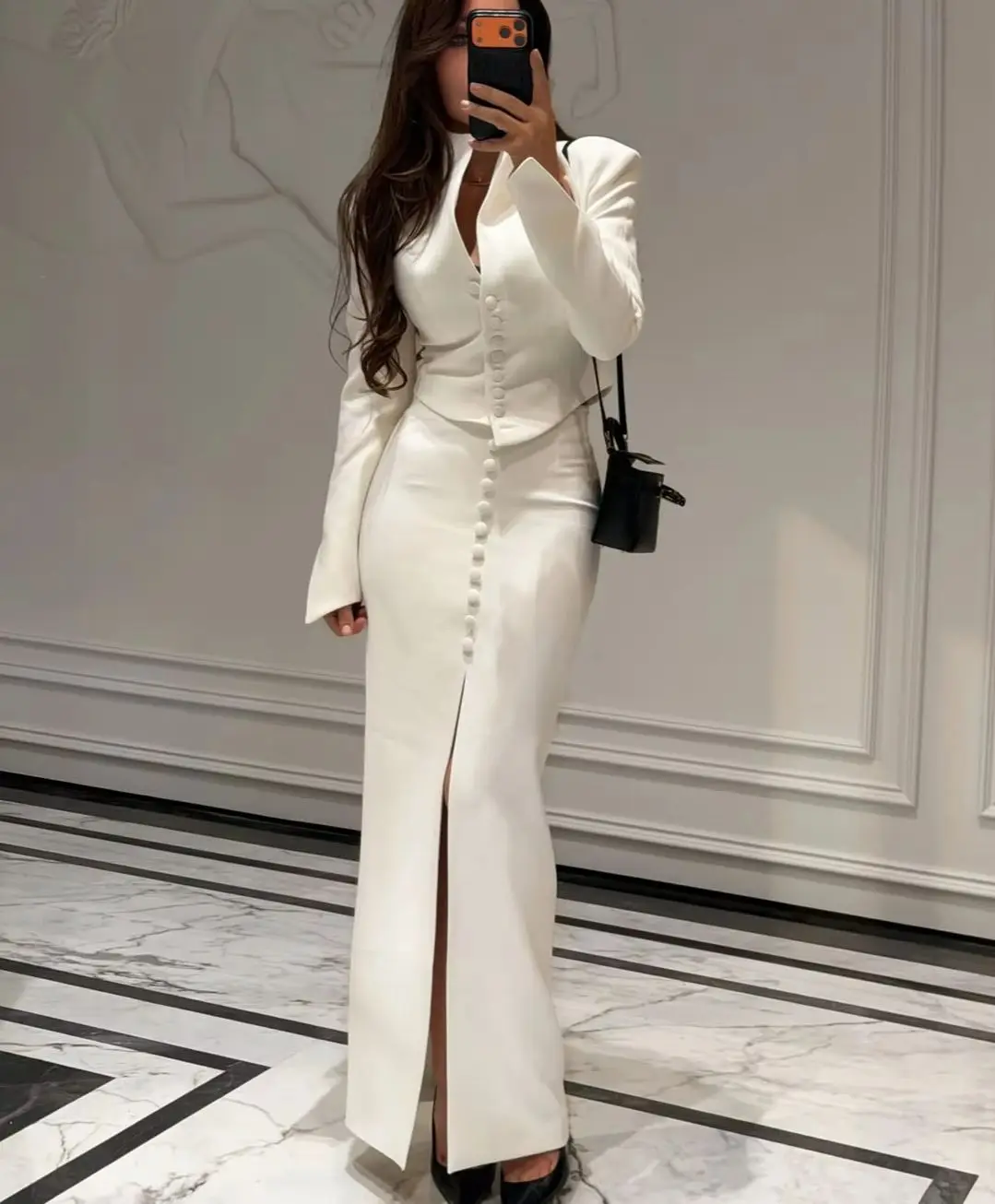 Women 2 Piece Suit Elegant Blazer Long Slit Skirt Set Slim Fit Button Decor Formal Wedding Guest Evening Party Customized