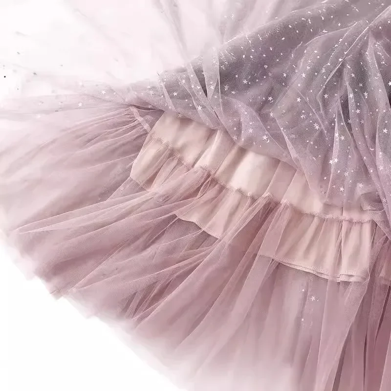 Mode Vrouwen Rok Ster Pailletten Kleurverloop Multi Gelaagde Mesh Tule Rok Hoge Taille Geplooide Mid Lengte Sterrenhemel Rok