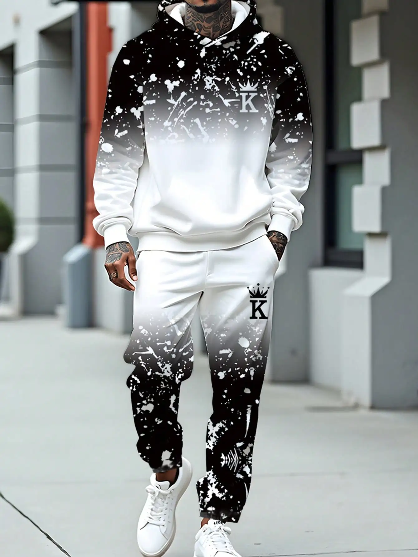 

Men's Ombre Splatter Print Hoodie and Jogger Set, Casual Streetwear Tracksuit