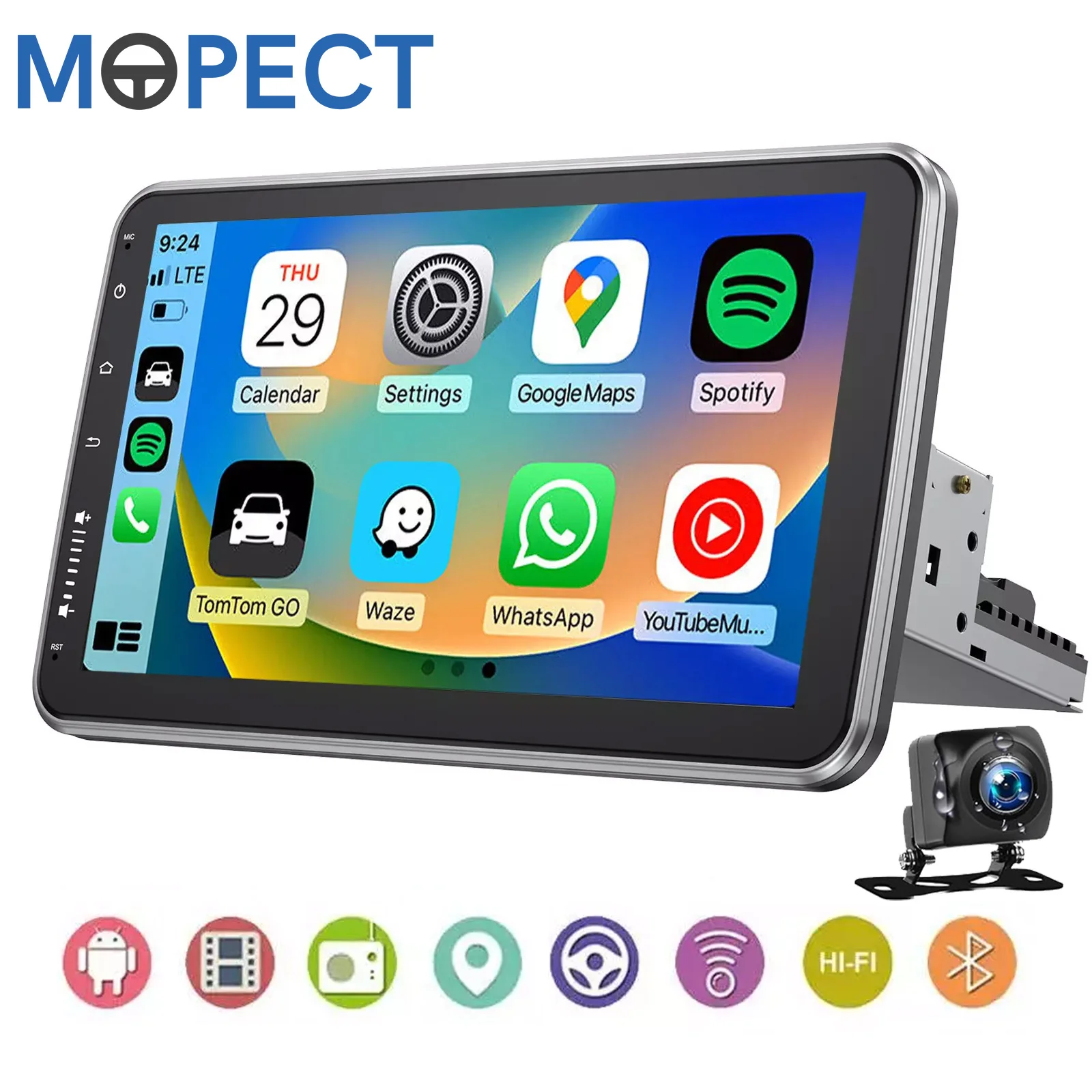 MOPECT 10.1" Single 1 DIN Draadloze Android Auto Apple CarPlay DAB+ Android 15 360 °   Draaibare autoradio GPS-navigatie 4+64G