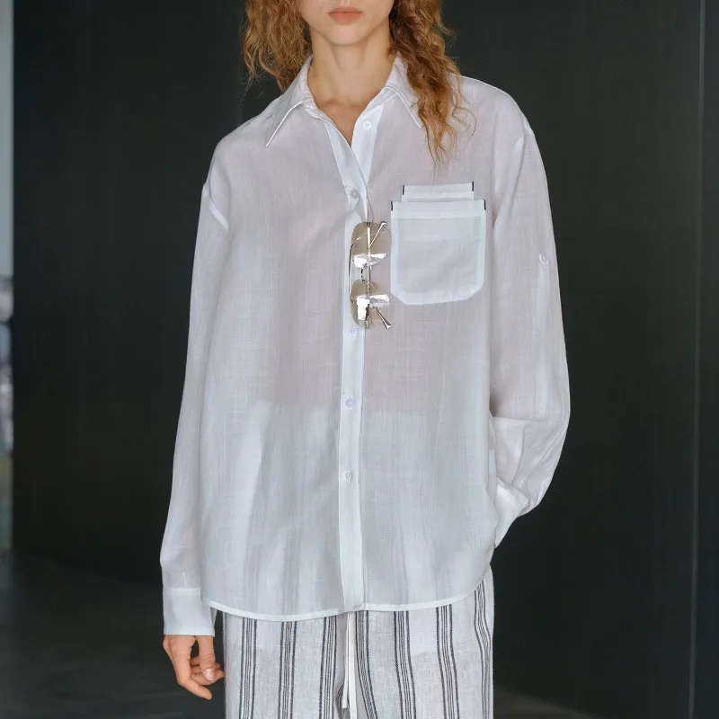 

Женская легкая рубашка из лиоцелла и льна для весенних и летних отпусков, повседневный кардиган с длинными рукавами, свободная струящаяся женская рубашка