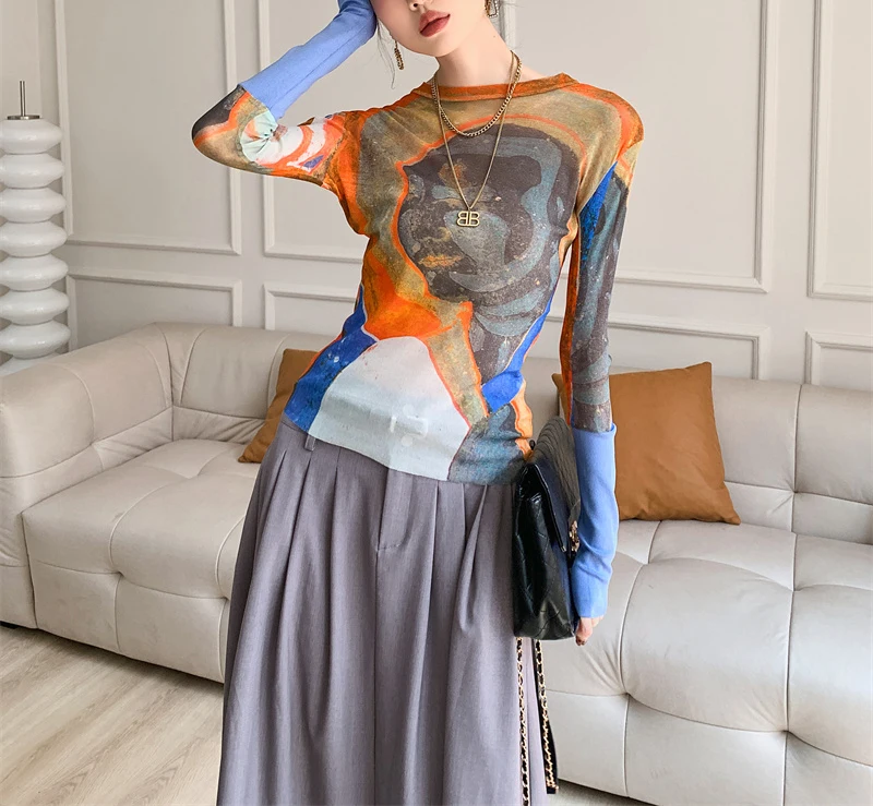 Chic Elastische T-shirts Frauen Kleidung Neue In Mode Graffiti Muster Langarm Mesh Tops Frauen Basis Shirt Y2k Kleidung SL320