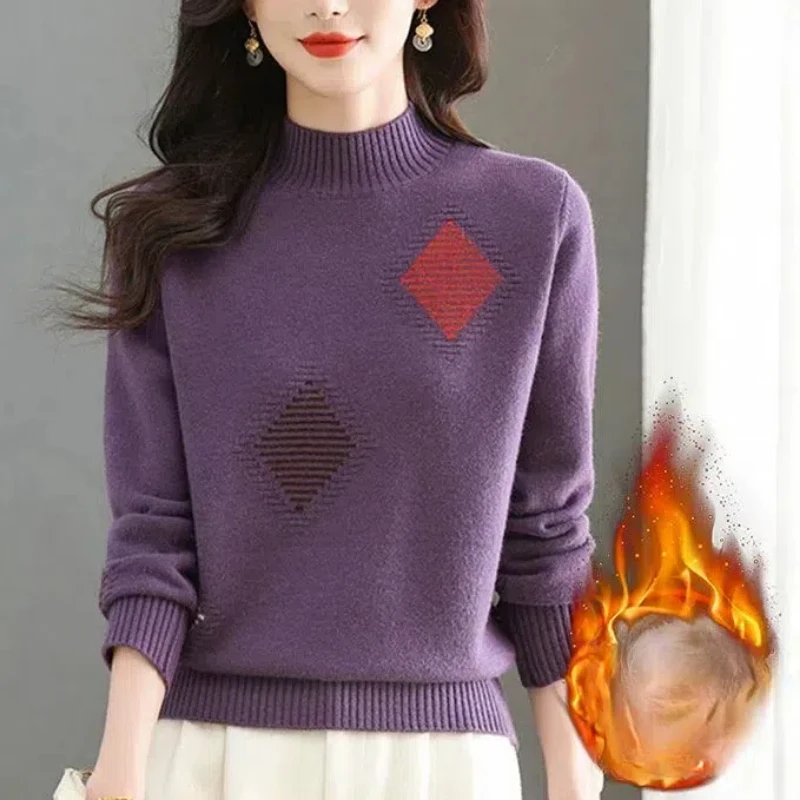 Autumn Winter Women's Clothing Pullover Long Sleeved Sweater Knitted Checkered Striped Contrast Color Screw Thread Chic Tops