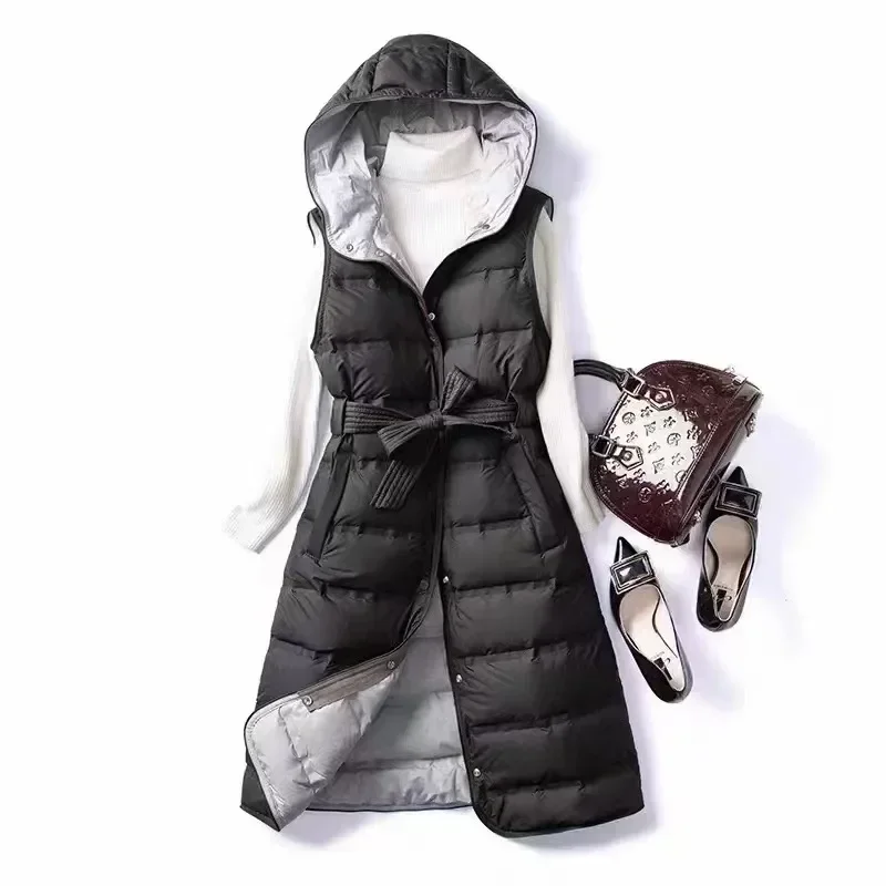 2024 New Women X-long Hooded Sleeveless Down Jackets Top Grade Female 90% White Duck Down Office Lady Korean Slim Down Coat