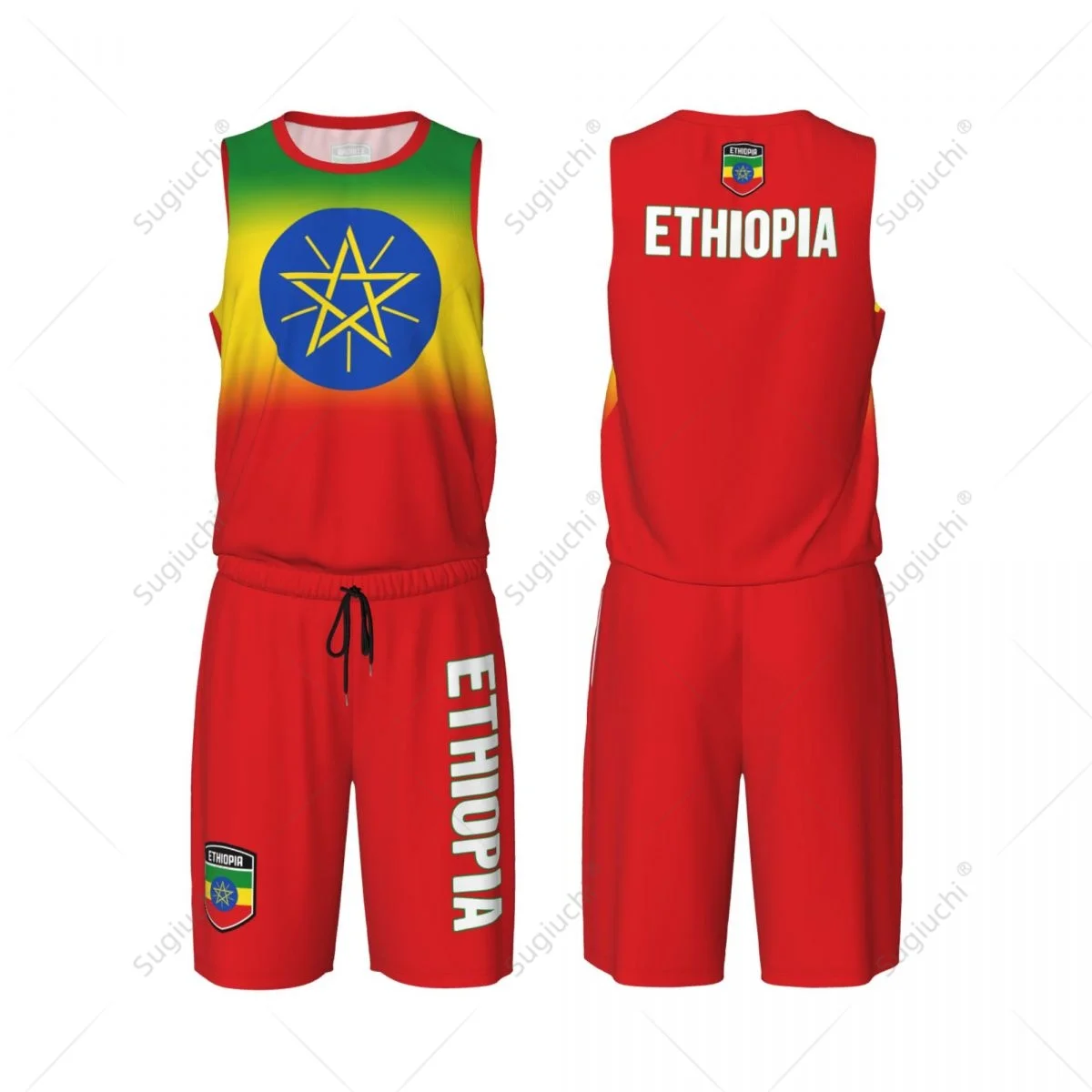 Men Ethiopia Flag Basketball Jersey Set Mesh Shirt & Pants Sleeveless Exclusive Team-up Custom Name Nunber Unisex