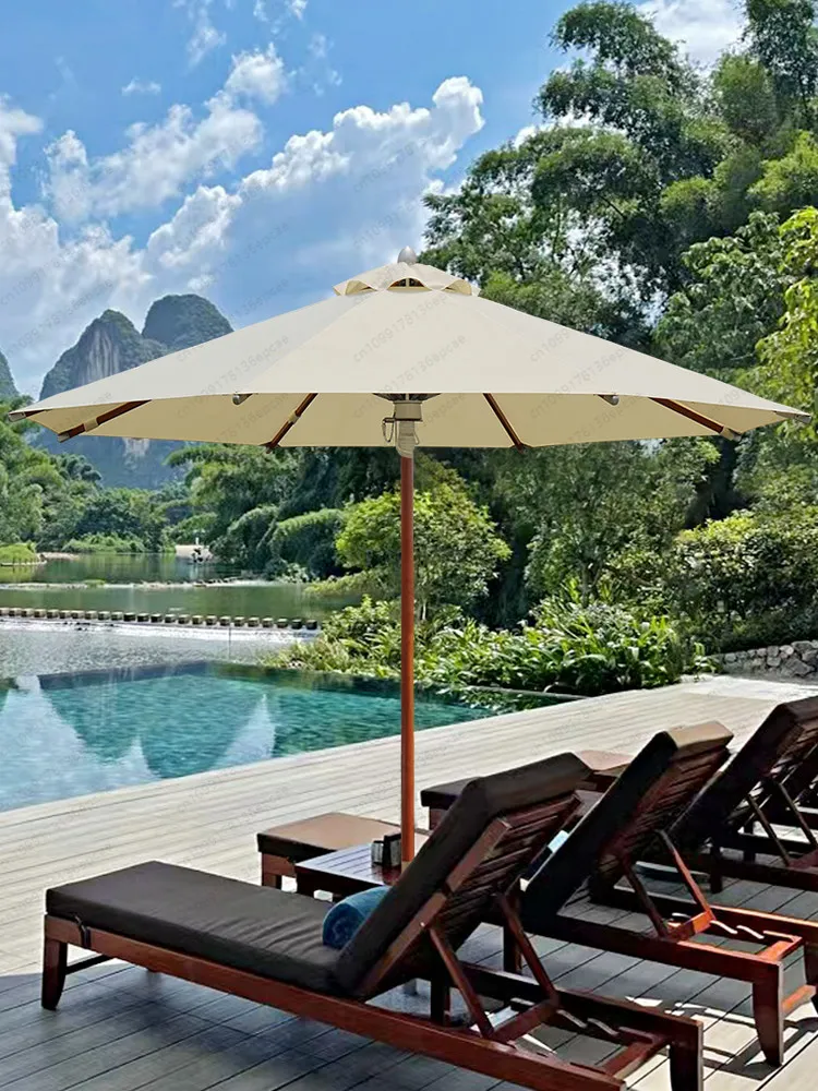 Outdoor Parasol Courtyard Sun Umbrella Camping Villa Outdoor Garden Imported Solid Wood Umbrella Commercial Central Pillar