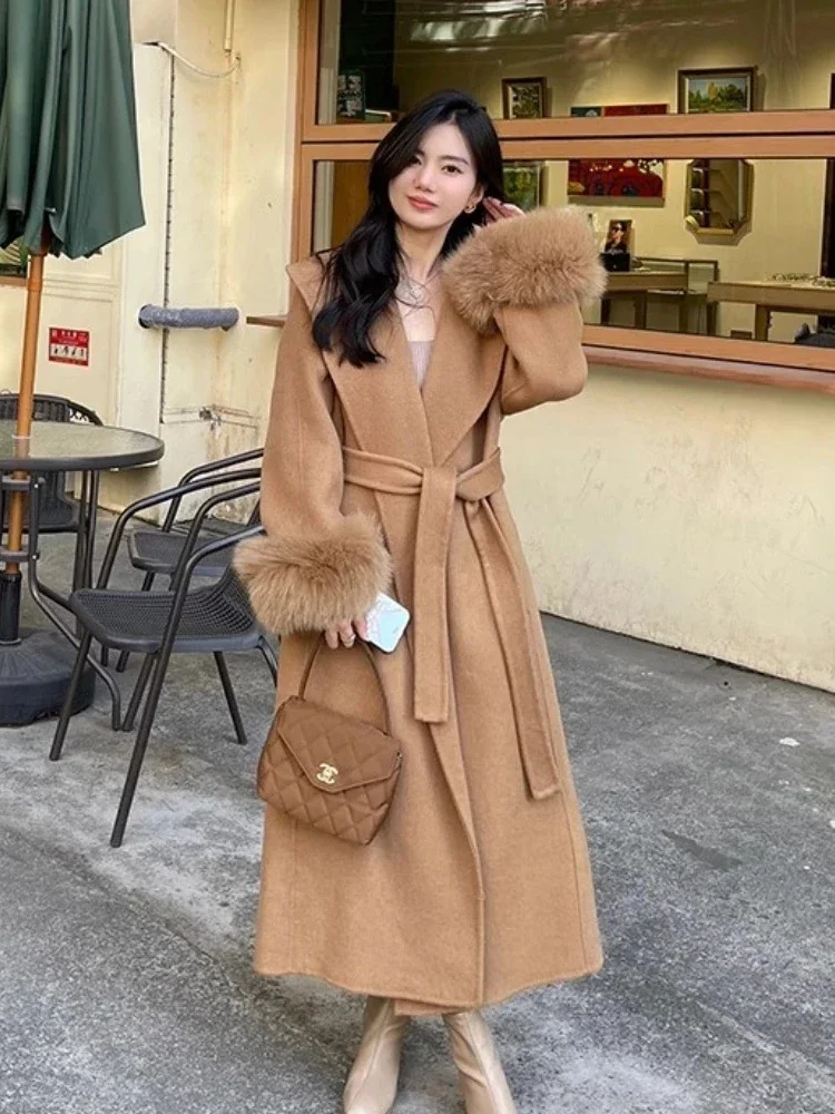 2025 Nuovo Grande Collare Reale Polsino di Pelliccia di Volpe Cappotto di Lana di Cachemire Elegante Giacca di Lana a doppia faccia Femminile Caldo Vestiti Invernali Delle Donne