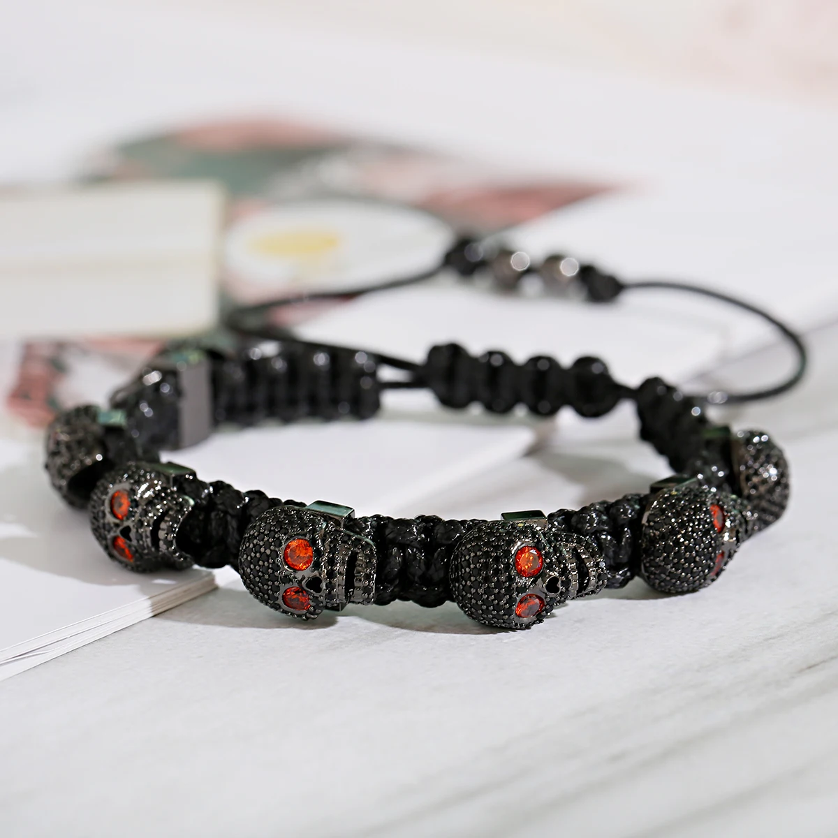 Fashion Zircon Skull Handmade Woven Bracelets Luxury CZ Beads Adjustable Bracelet Punk Wrist Jewelry for Women Men