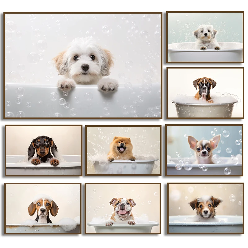 1pc frameless canvas Cartoon Abstract Beautiful Cute Animals Hajimi Dog Bubble Bathtub bath Posters Canvas Prints Art Home Ro