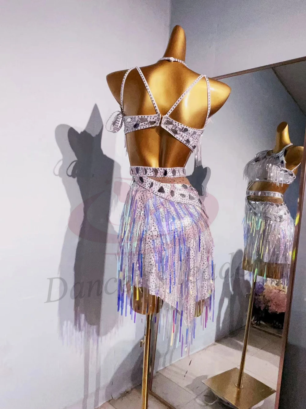 

Latin Dancer Adult Children High-End Customized Rainbow Sequins Tassel Tango Samba AB Stone Performance Dress