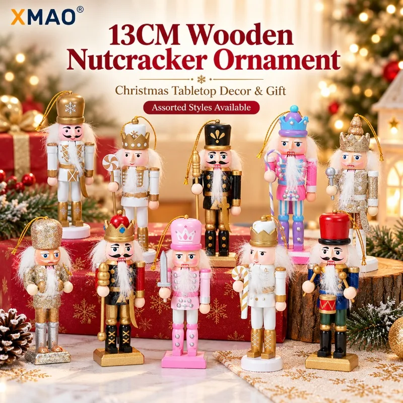 13CM Glitter Wooden Nutcracker King Soldier Christmas Ornament Tabletop Figurine Holiday Home Decor Xmas Gift Decoration