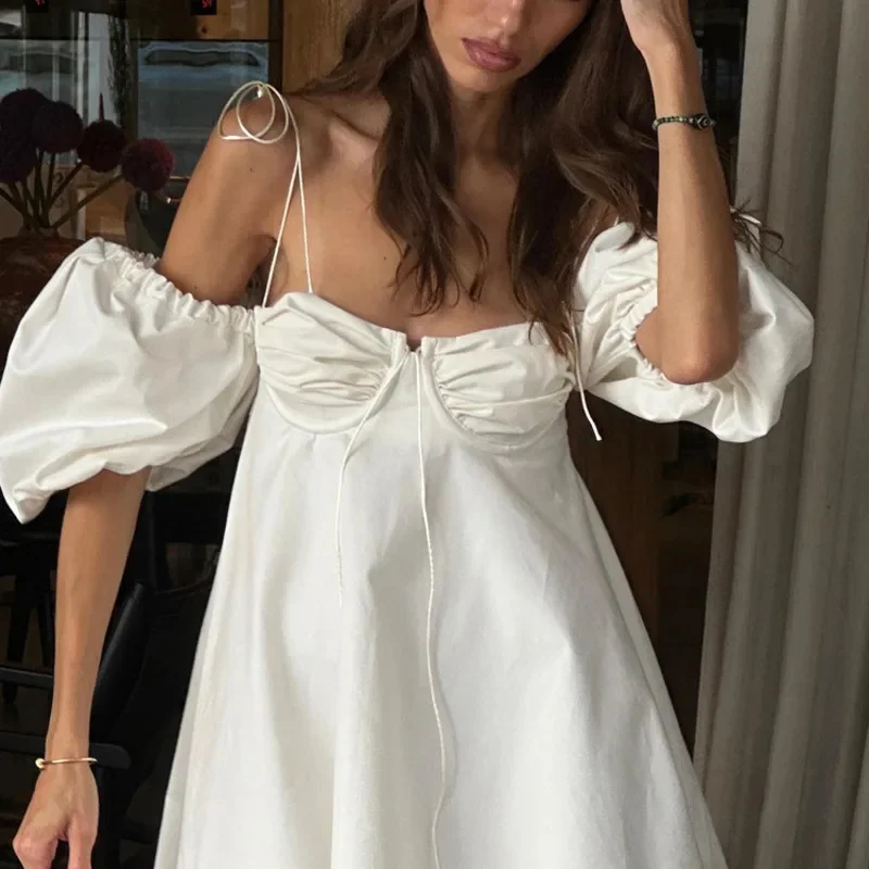 

Sexy Low Cut Bubble Sleeve Dress Casual Solid Color Strapless Mini Dress With Thin Straps Summer Fashion Women Sleeveless Dress