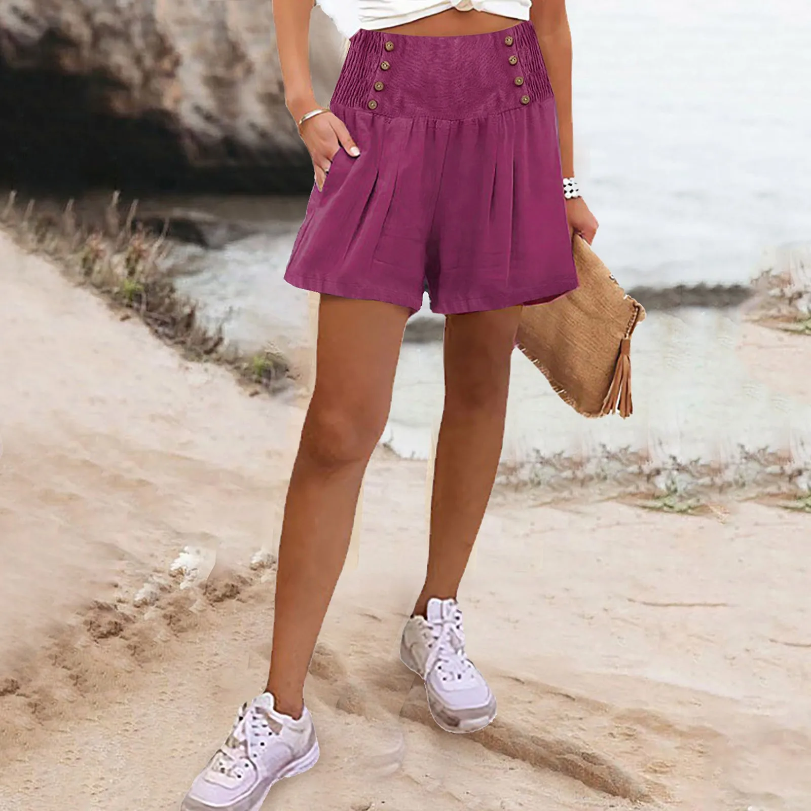 

Elastic High Waisted Wide Leg Shorts Pants Casual Summer Solid Color Palazzo Trousers With Pockets Solid Elegant Women's Shorts