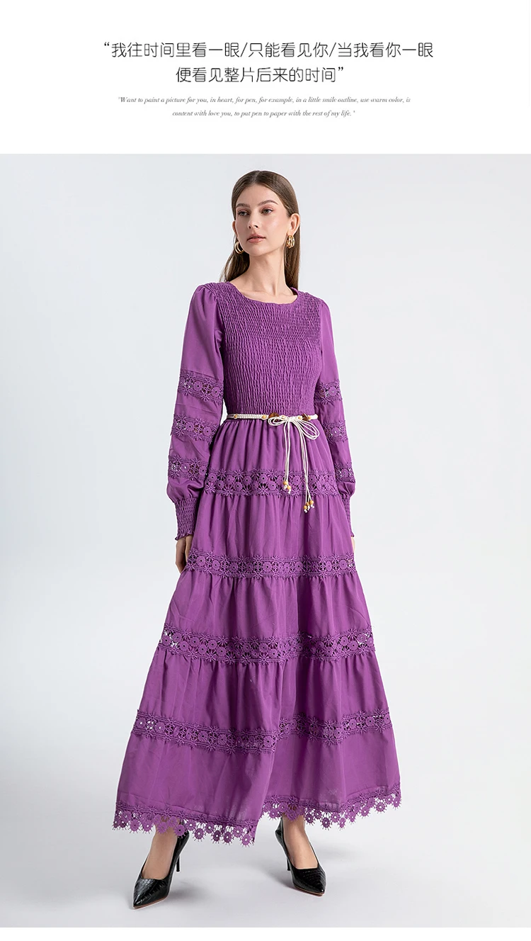 

Spring New Long Sleeved Round Neck Hollow Out Lace Patchwork Elegant Maxi Dress High Waist High Quality Women's Vestidos