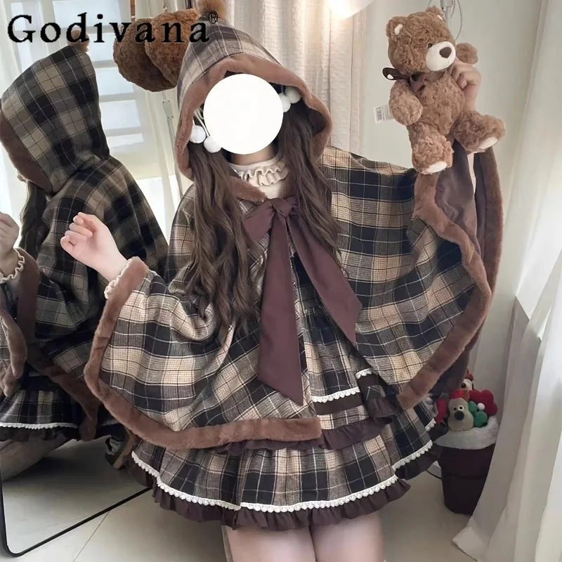 

Hooded Woolen Bowknot Cloak JSK Dress Outfits Women Apricot Inner Sweet Autumn Winter Cute Set Female Japanese Lolita Suits