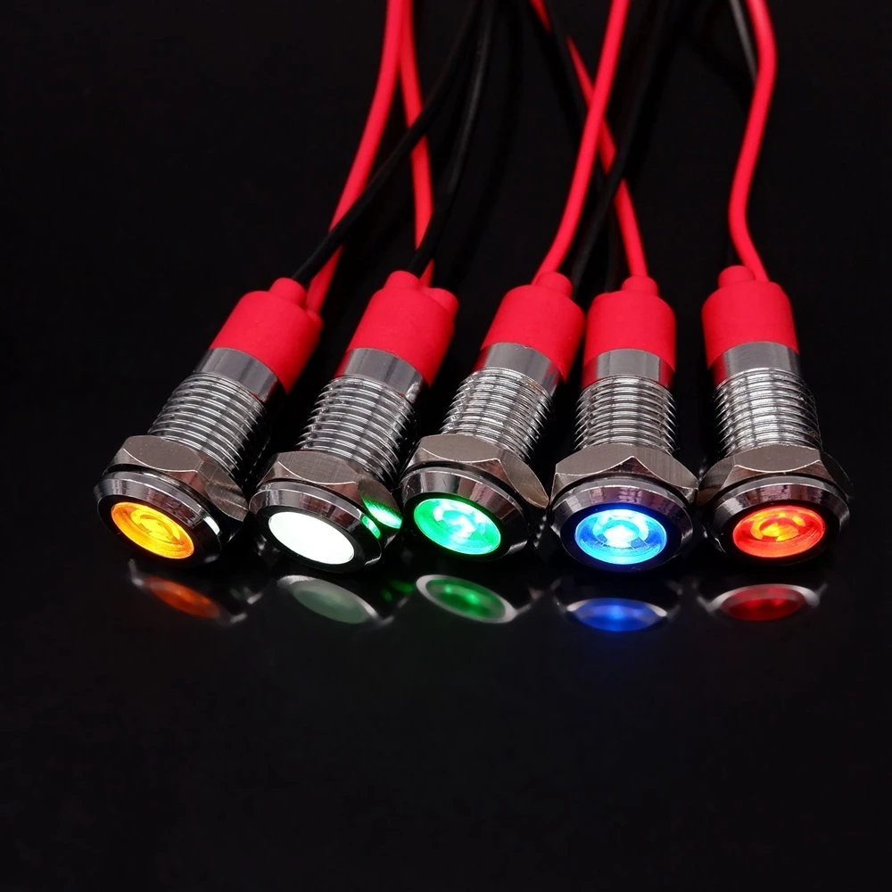 Luz indicadora de Metal LED de advertencia, cable rojo impermeable con lámpara de señal, naranja, azul, verde, blanco, 8mm, 5V, 12V, 24V, 220v, 1Pce