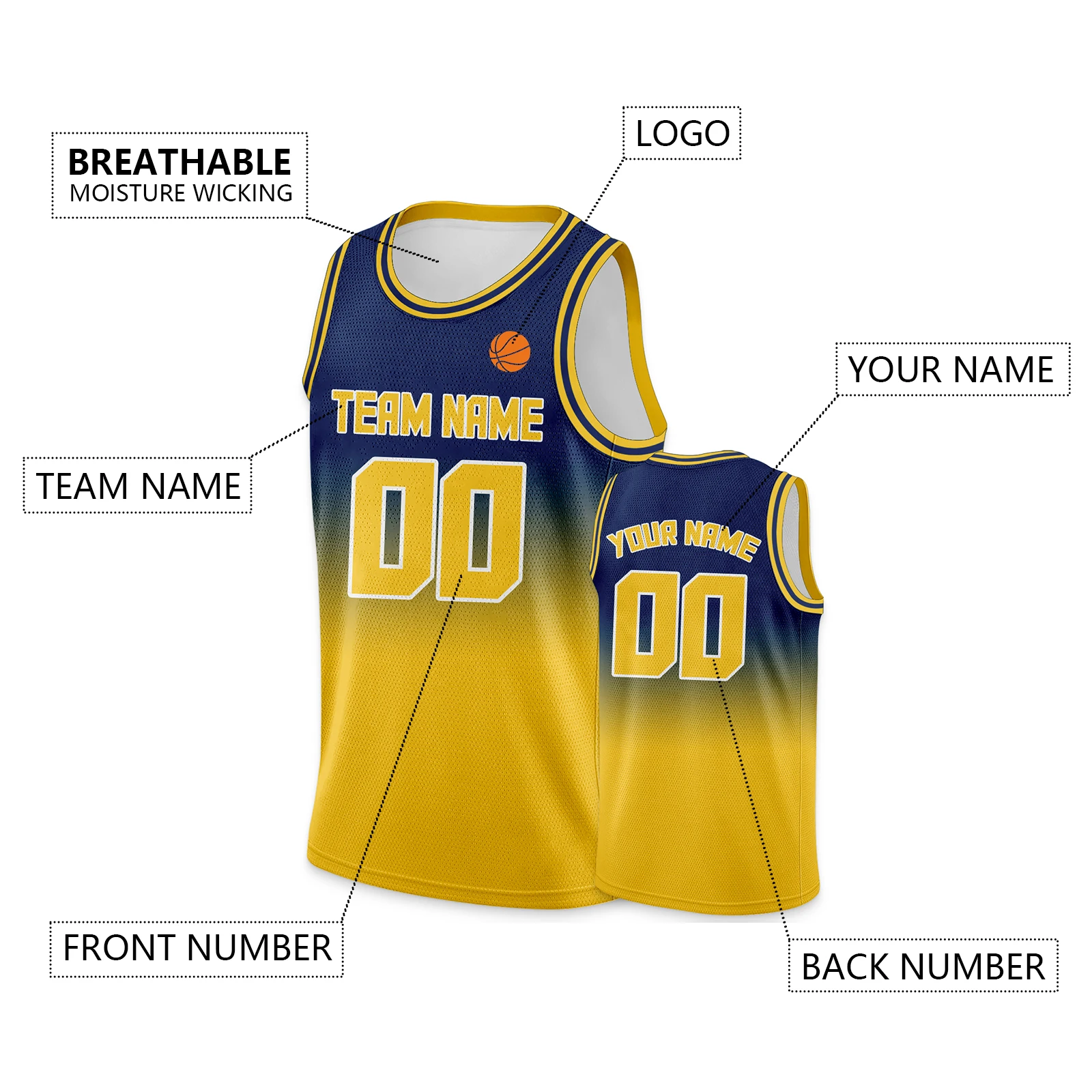 Gold Navy Custom Gradient Basketball Jersey with Team Name Number Logo Personalized Printed Basketball Training Uniform