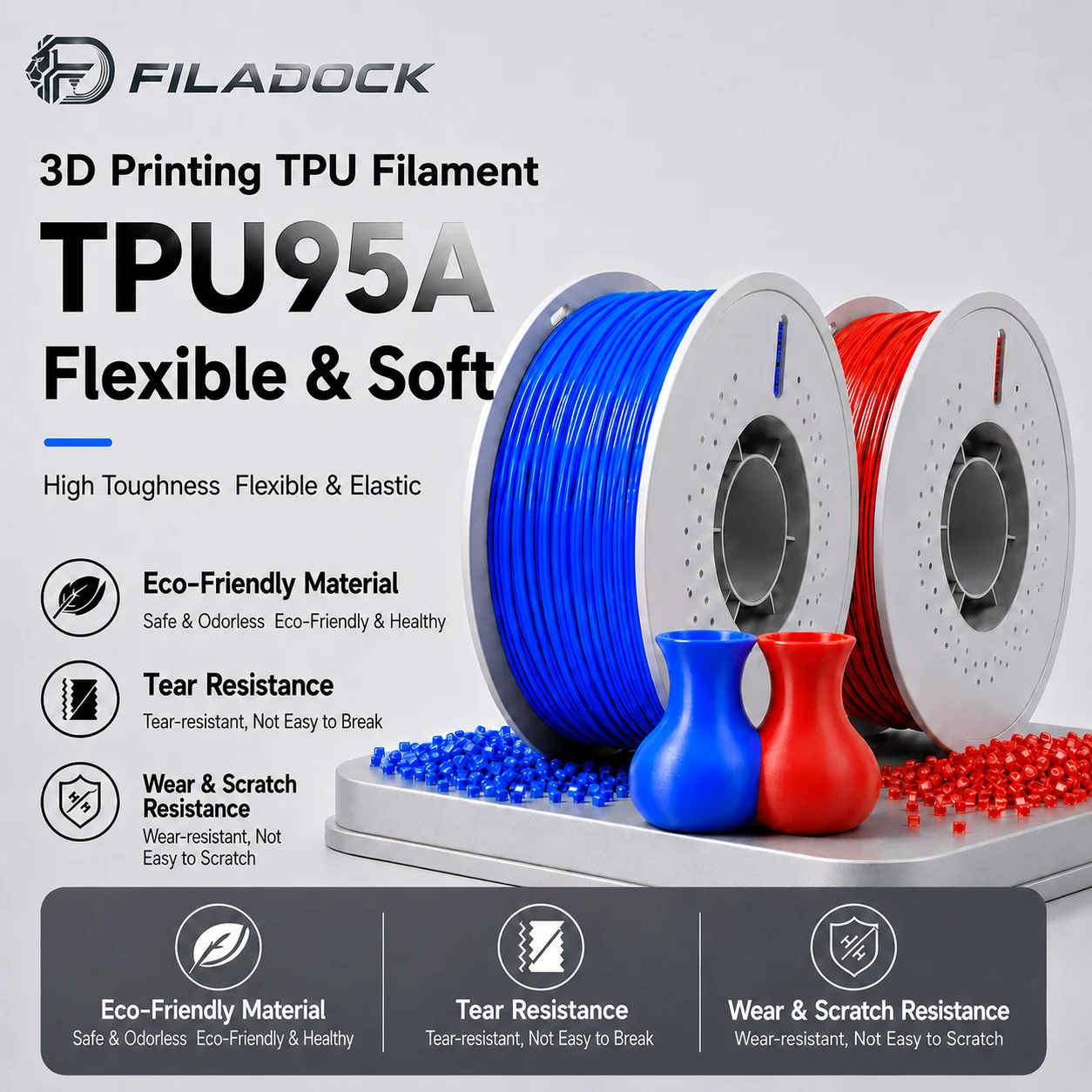 TPU 95A Flexible Filament 1.75mm Soft Rubber Like Material for RC Tires Functional Parts FDM Printing 1KG