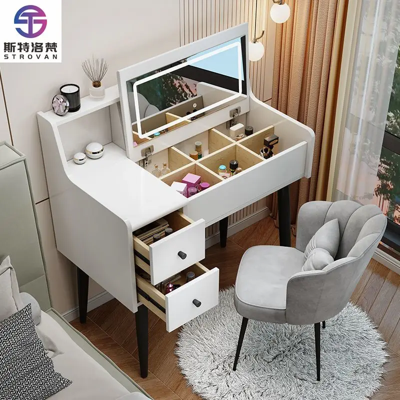 Modern Split Drawer Dressing Table with Hide Flip Cover Light Mirror for Bedroom Vanity Makeup Desk