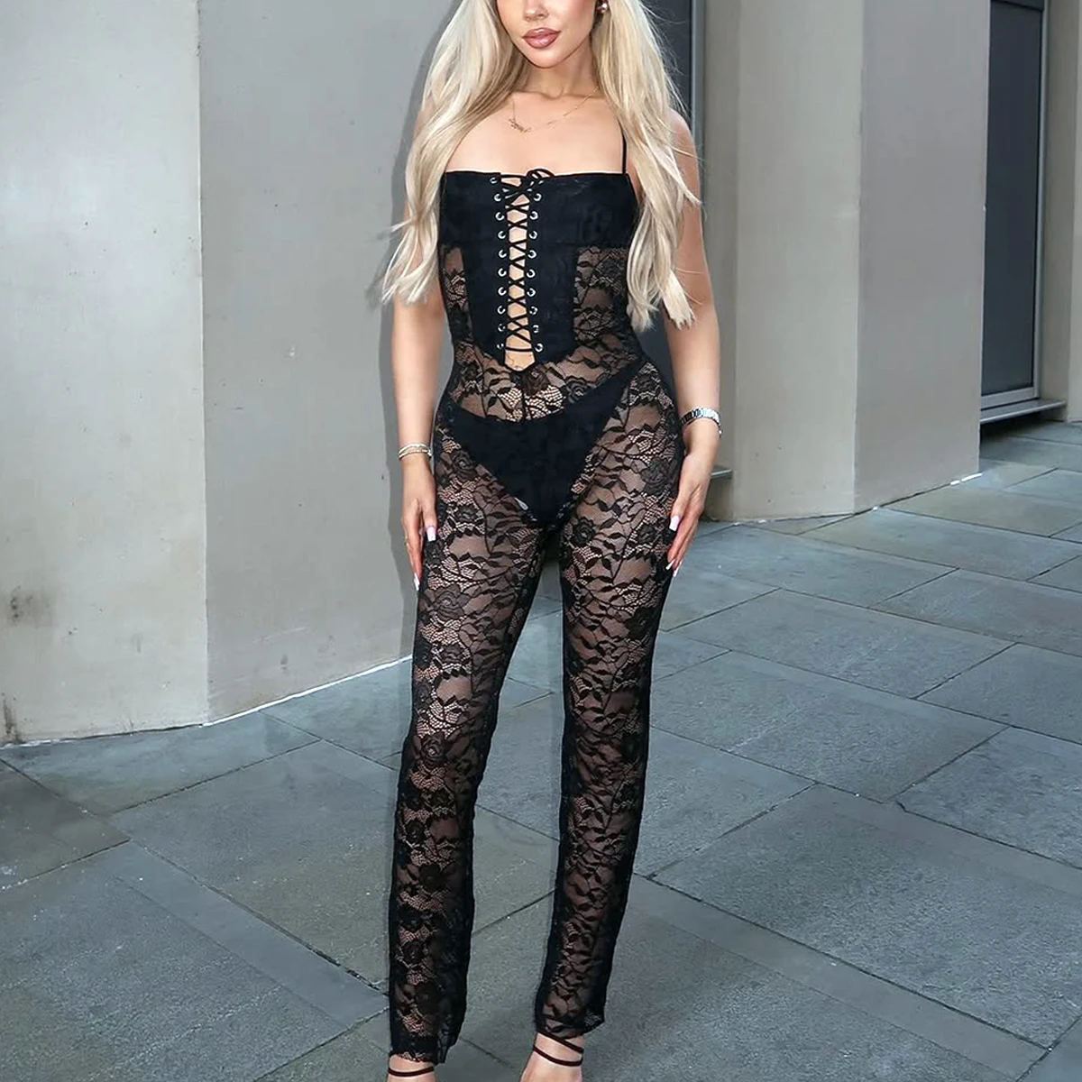 

Lace camisole sexy two-piece shapewear bandage top pants women's jumpsuit elegant casual hanging neck two-piece set