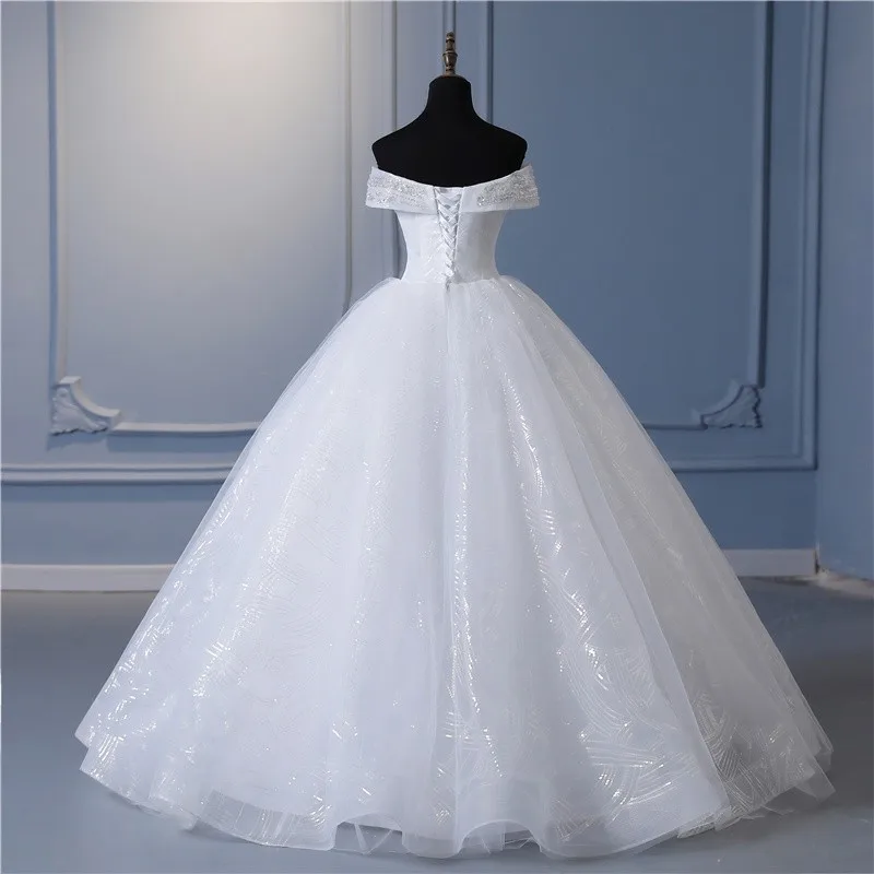 Y&m Novias Glitter vory Wedding Dresses Lace Beaded Ball Gown Cheap Off The Shoulder Short Sleeve Bridal Customized Plus Size