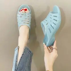 New Women's One Word Hollow Wedges Crystal Slipper Soft Sole Non Slip Home Slipper Outdoor High Heels Slippers Bathroom Slipper