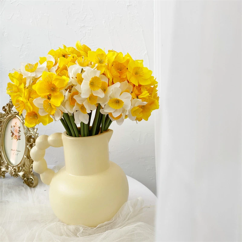 6pcs Artificial Narcissus Flower Bouquet Home Garden Room Desktop Fake Flower Decoration Wedding Festival Party Daffodil Decor