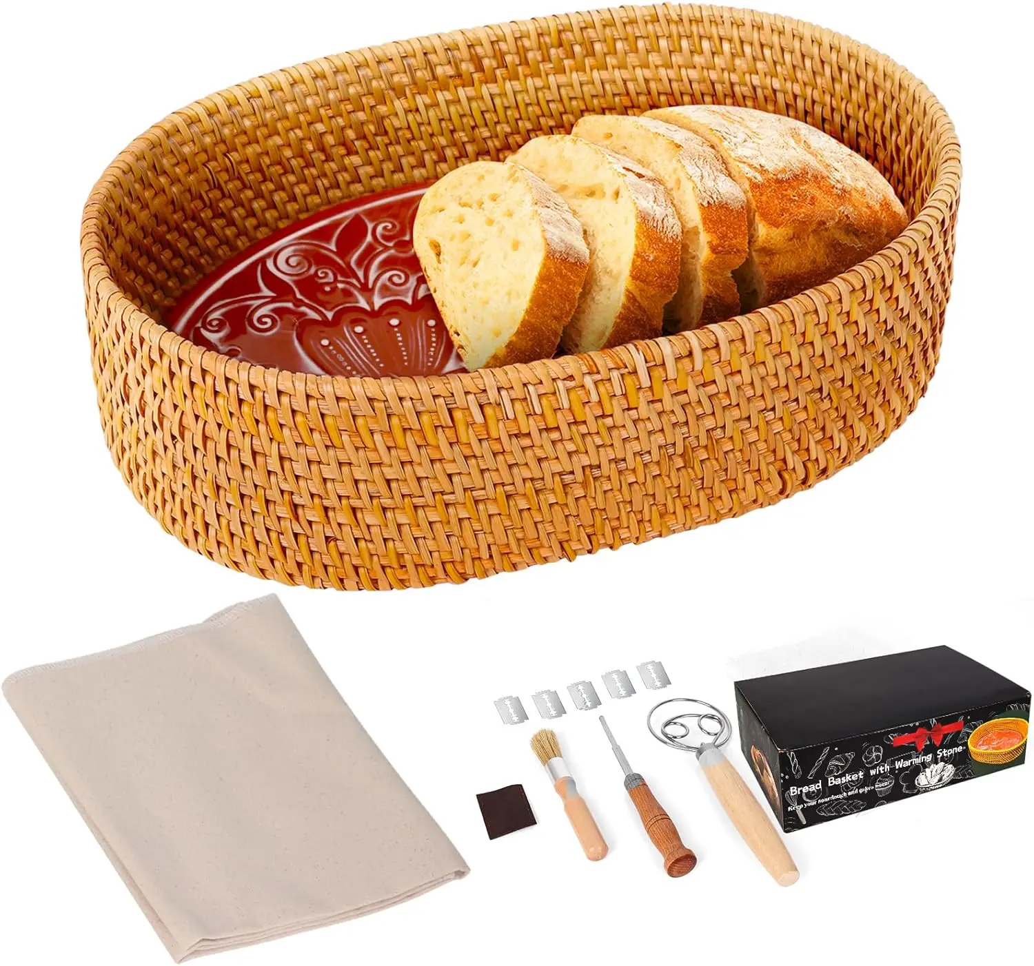 

Terracotta Bread Warmer Basket with Warming Stone and Cotton Cloths - Large Traditional Set for Bakers, Hostess Gifts