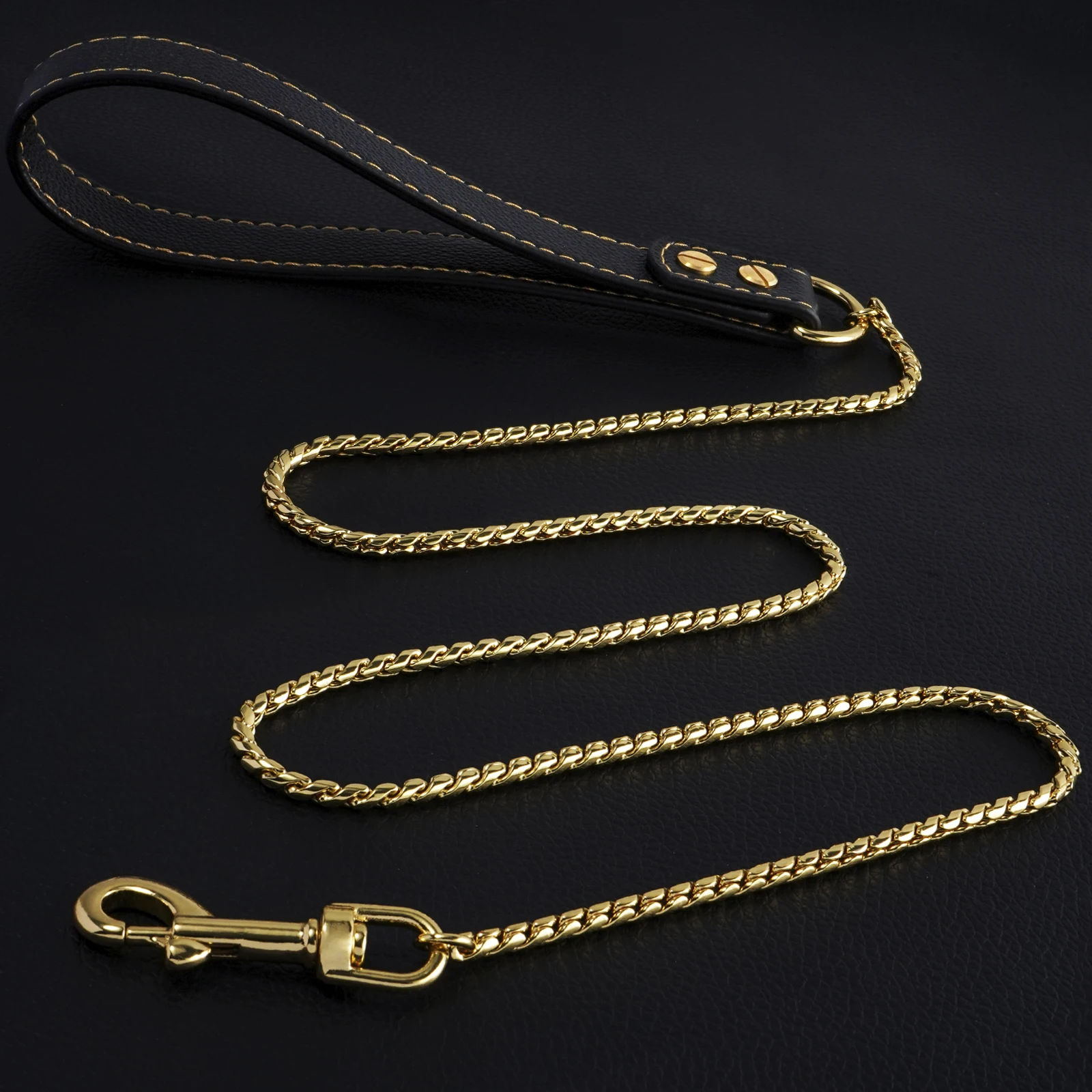 4MM Wide Gold Metal Dog Lead with Leather Handle Stainless Steel Chain 18K Gold Pet Leash Training