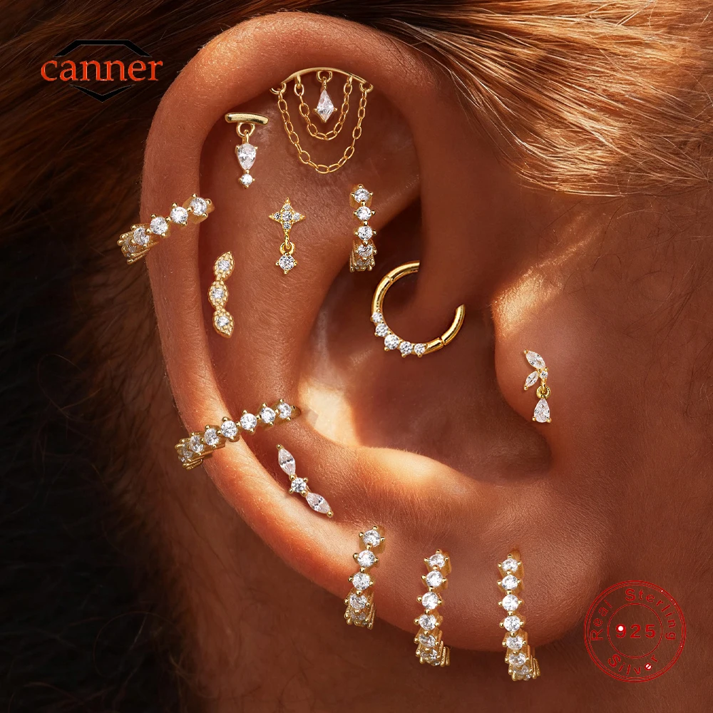 

CANNER 1PC 925 Sterling Silver Four Pointed Star Tassel Flat Head Piercing Earrings For Women Ins Spiral Puncture Stud Earrings