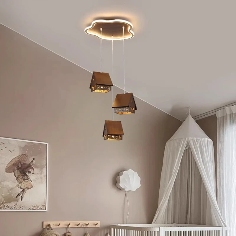 Modern Solid Wood Children's Room Pendant Lamp Creative Cabin Design Chandelier for Bedroom Dining Room Nursery Baby Room Decor