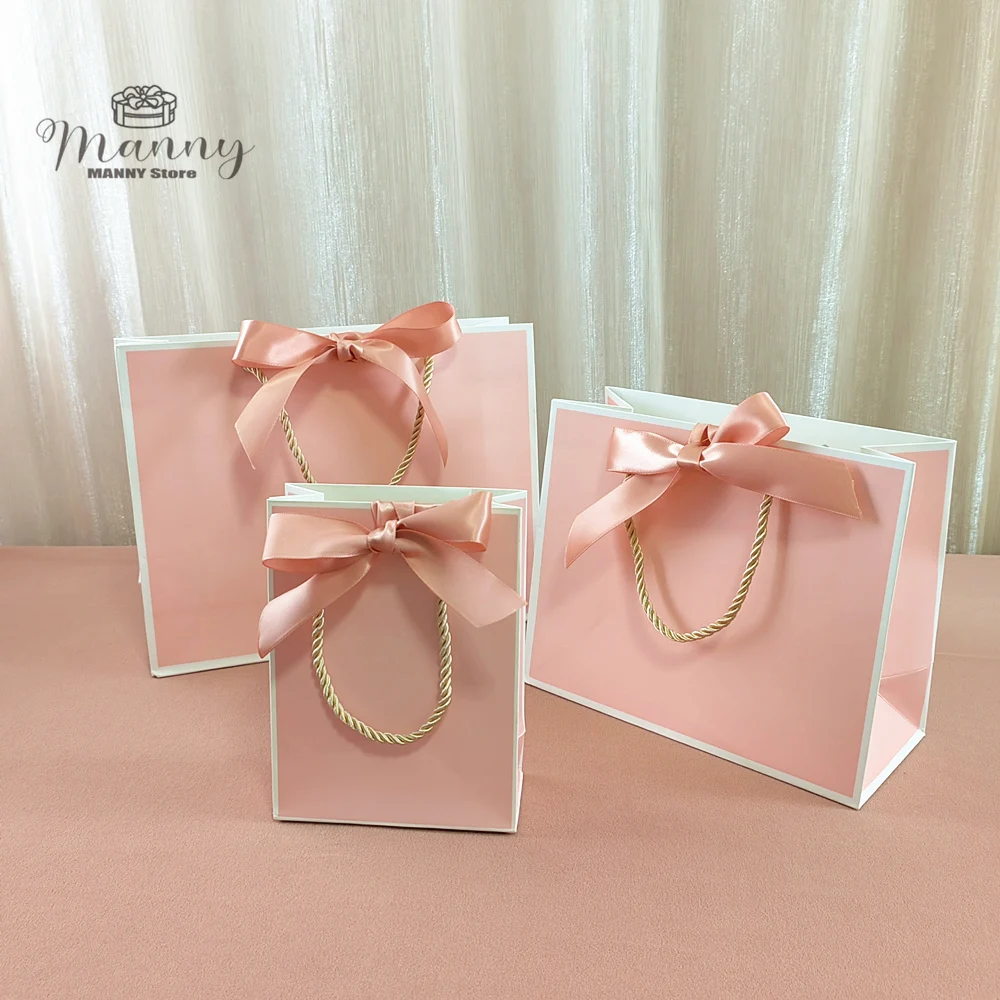 Pretty Pink Kraft Gift Bag Gold Present Box For Pajamas Clothes Books Packaging Gold Handle Paper Box Bags Kraft Paper Gift Bag