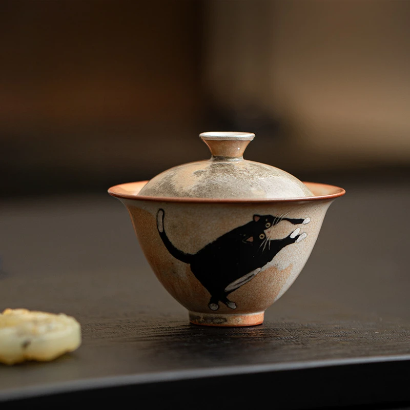 130 مللي خمر لطيف Zhi Ye القط الخزف Gaiwan مجموعة للشاي تورين Teaware كوب الصينية رسمت باليد الأطباق تشاوان حفل الشاي مجموعة