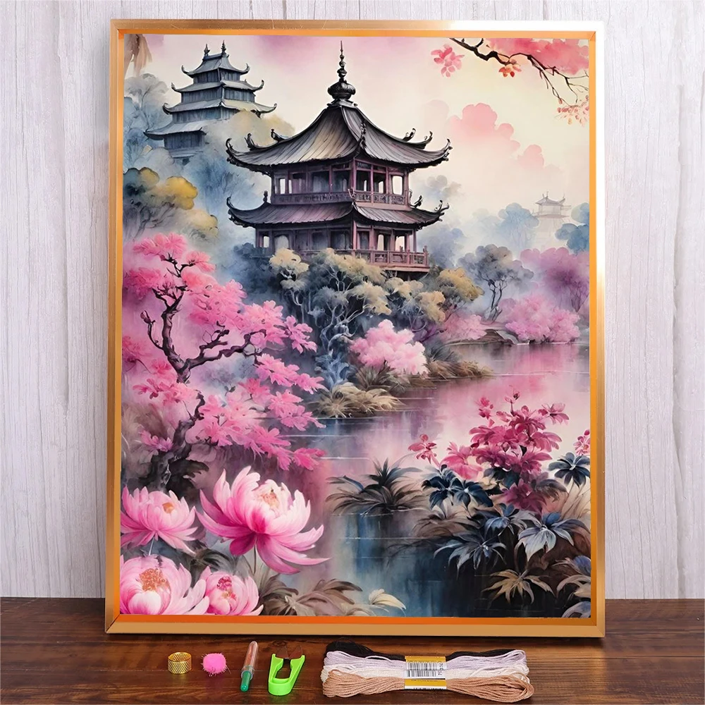 

Embroidery Kit Chinese Retro Building Landscape Full Patterns Embroidery Starter Kits For Beginners Adults Kids DIY Cross Stitch