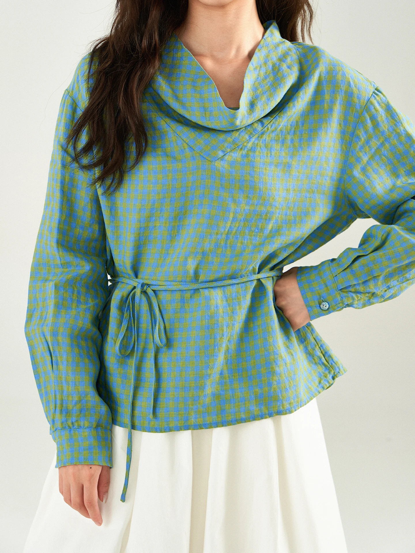 

Свободная женская блузка с длинным рукавом из льна, с завязками на талии, осенняя коллекция 2025, модный дизайн без карманов